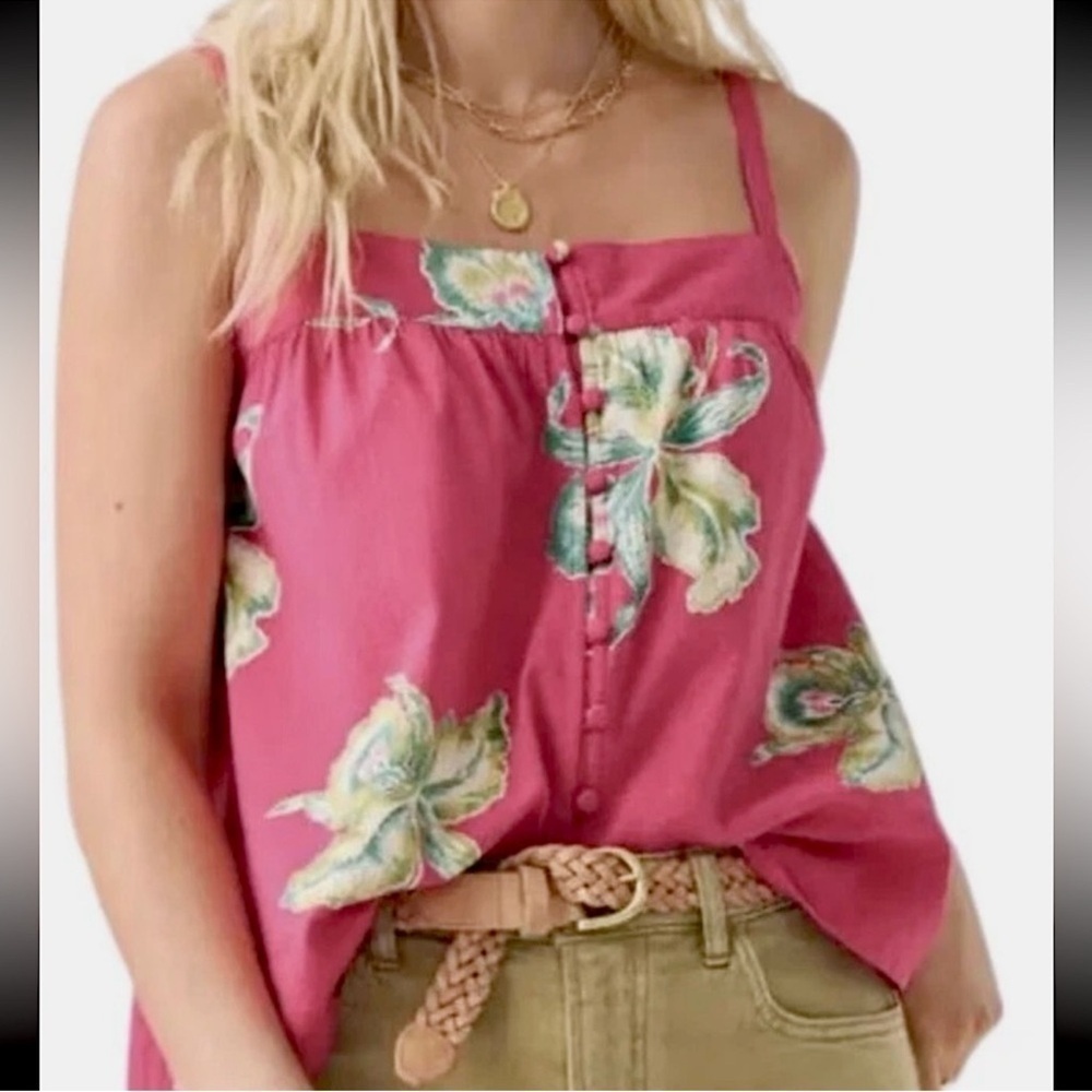Faherty Pink Green Sleeveless Buttoned Tank Top
